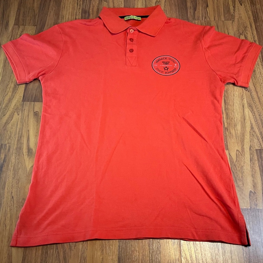 Versace Jeans Polo Shirt Mens L Orange Red Short Sleeve Graphic Cotton Pique